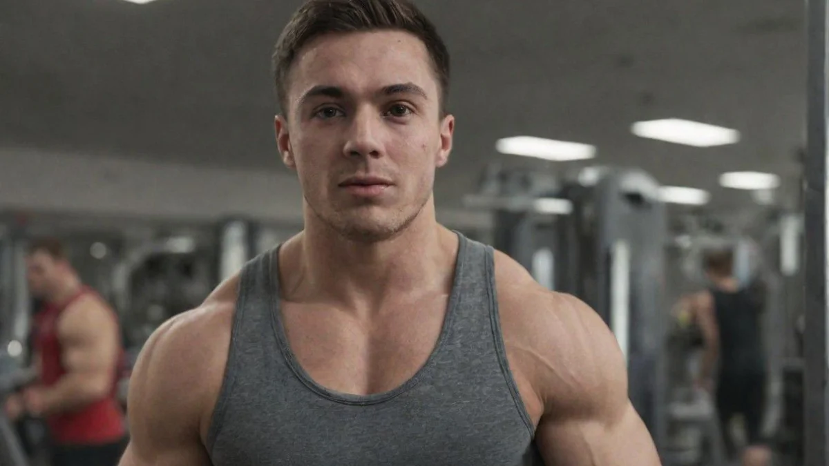 Männlicher Bodybuilder zeigt seine Muskelmasse und Erfahrungen mit legalen Steroiden. Er nahm Anabolika legal.